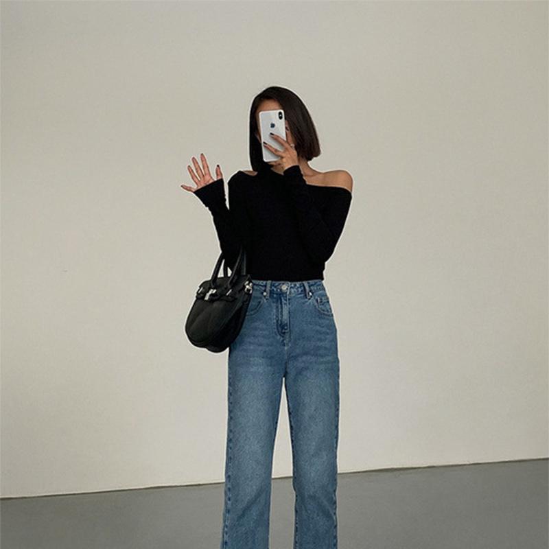 Módní zkosený límec Trička s dlouhým rukávem Ženy Jaro 2024 Nové Solid Slim Fit Crop Top Sexy trička Hollow Out