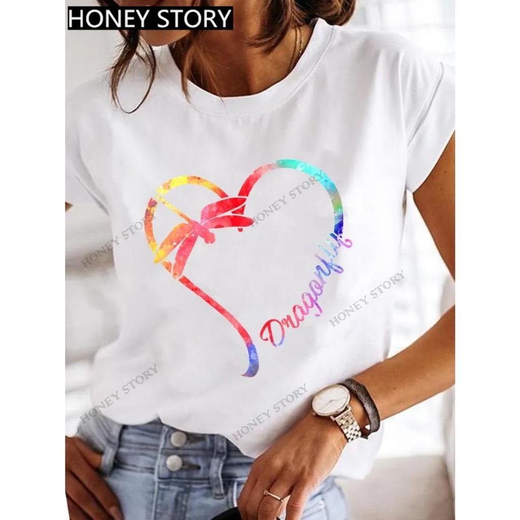 Dragonfly butterfly print blouse loose women's short-sleeved T-shirt round neck casual fashion daily