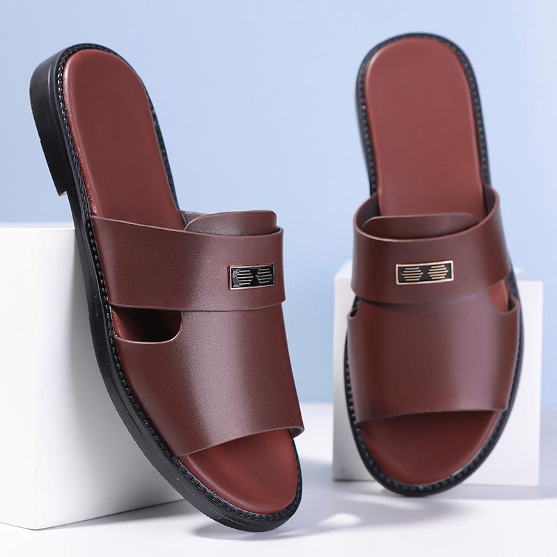 Pantoufles pour Hommes Pantoufles en Cuir de Luxe Été Nouvelles Pantoufles à Bout Ouvert pour Hommes Sandales Plates Décontractées Grande Taille 48 Chanclas Hombre