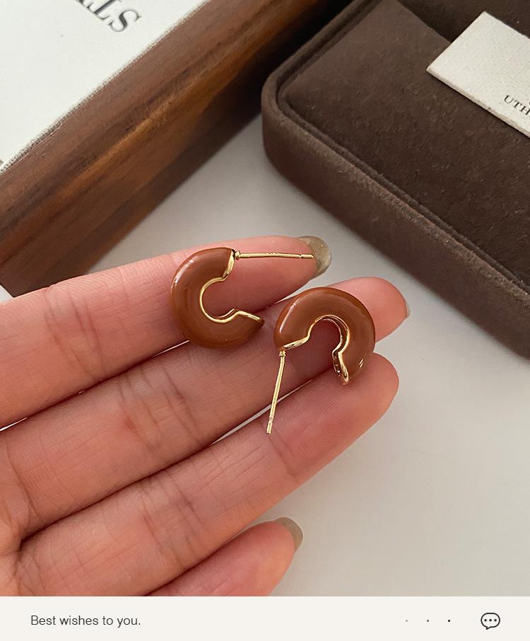 Angola Red C-Shaped Retro Minimalist Earrings with Drip Glaze