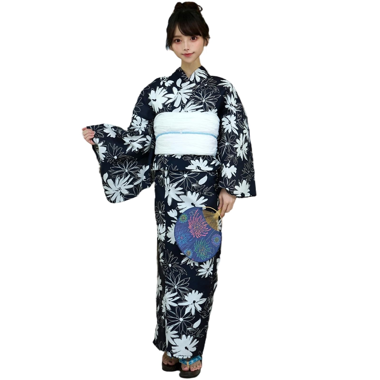 

RAVIR Yukata Navy Blue with a Lovely White Daisy Blooming Japanese Fluffy Obi and Geta Free Size Women s 3-Piece Set, Design, Kimono, Belt, Sandals,