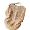 Cotton Linen Blended Summer Blouse Women Embroidered Floral Thin Long Sleeve Blouses Round Neck Loose Female Top