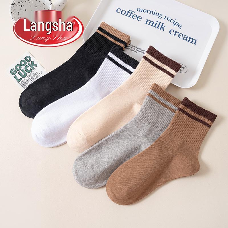 Langsha Women's Thick Striped Mid-Calf Socks for Autumn and Winter - Available in Black, White, Grey, Brown, and Beige.