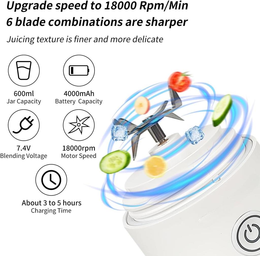 Portable Blender Fruit Juicer with 20 Oz Travel Cup 6 Blades USB Rechargeable for Shakes Smoothies Gym, Kitchen and Outdoors