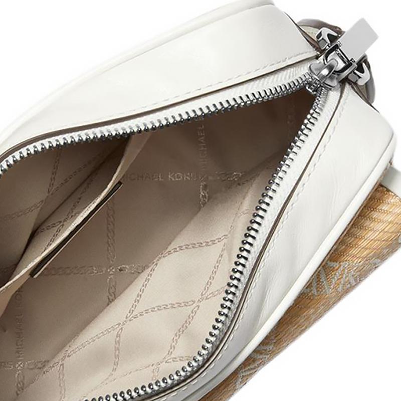Michael Kors Mk Parker Logo Zipper Closure Fabric And Leather Camera Bag Women Shoulder Bag Straw-Yellow Pure-White 32S4S7PC2S-884