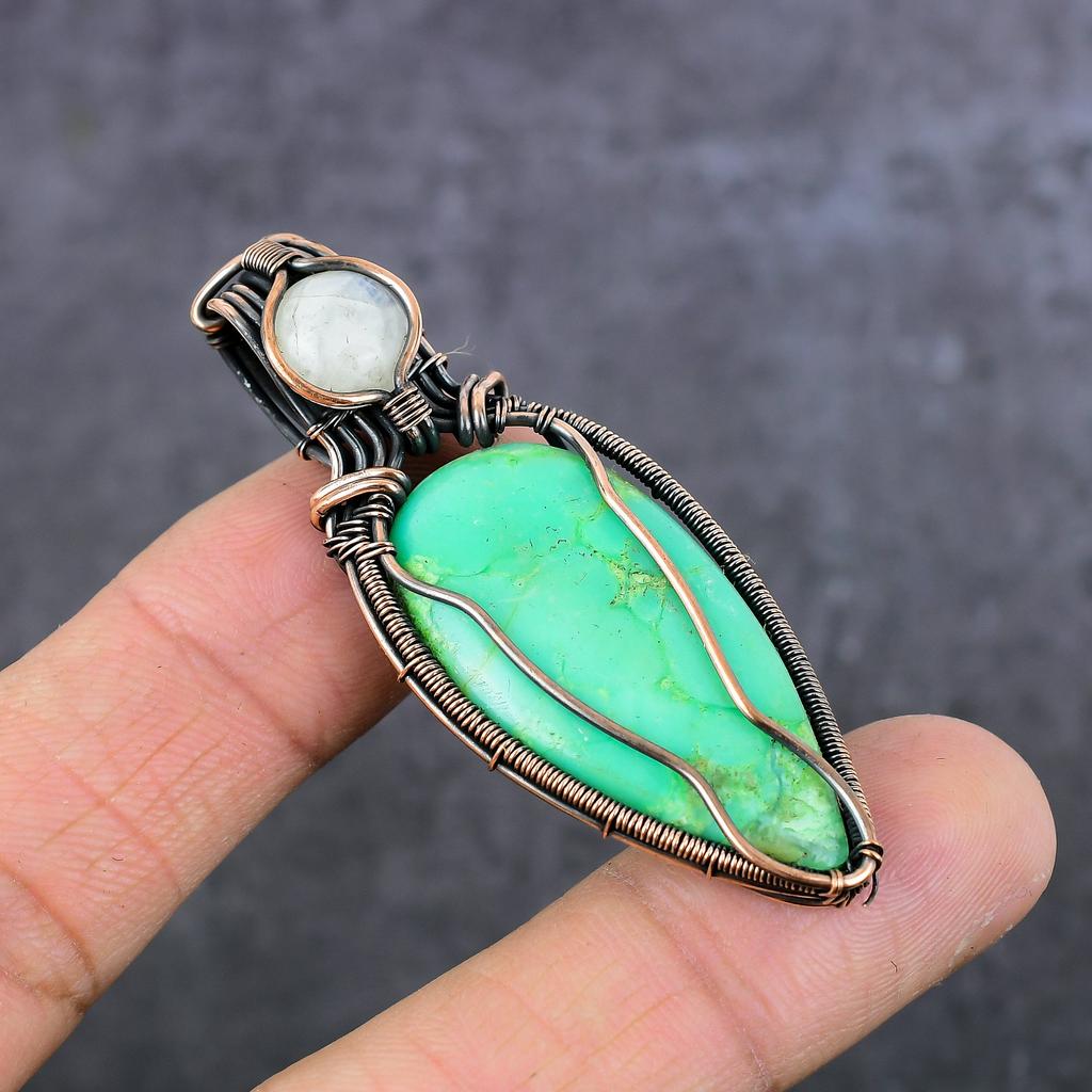 Chrysoprase, Moonstone Gemstone Copper Wire Wrap Jewelry Pendant 2.48" H5J54