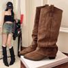 Fashion 2025 Fashion Design Black Pleated Women Knee High Boot Suede Autumn Winter Pointed Toe Square Heels Party Shoes Zapatos De Mujer