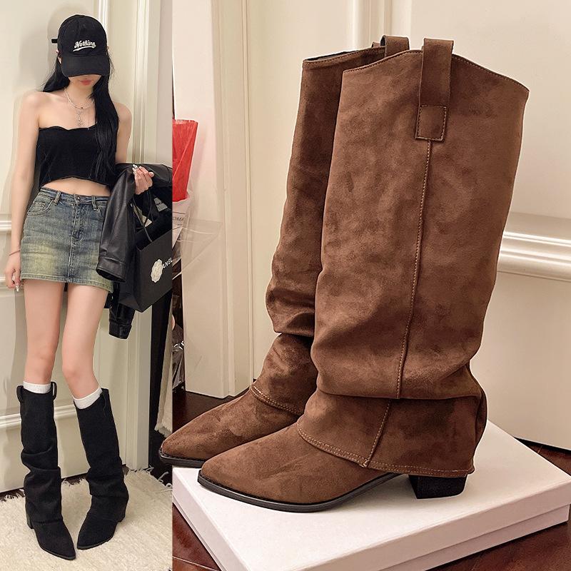 Fashion 2025 Fashion Design Black Pleated Women Knee High Boot Suede Autumn Winter Pointed Toe Square Heels Party Shoes Zapatos De Mujer