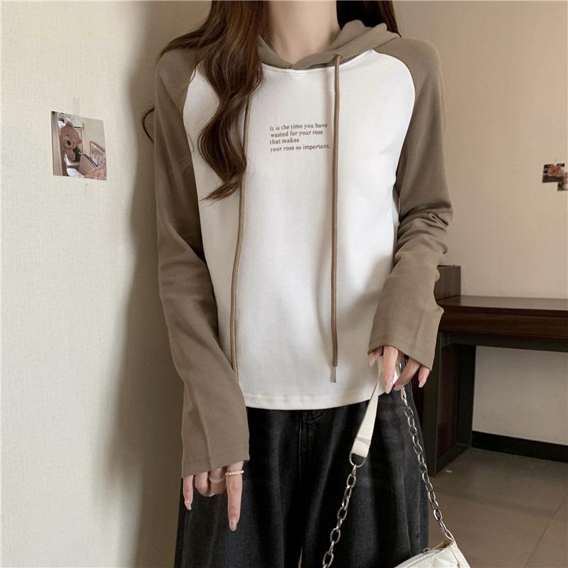 Real shot contrasting color hooded T-shirt women's long-sleeved plugged shoulder loose casual pullover sweater