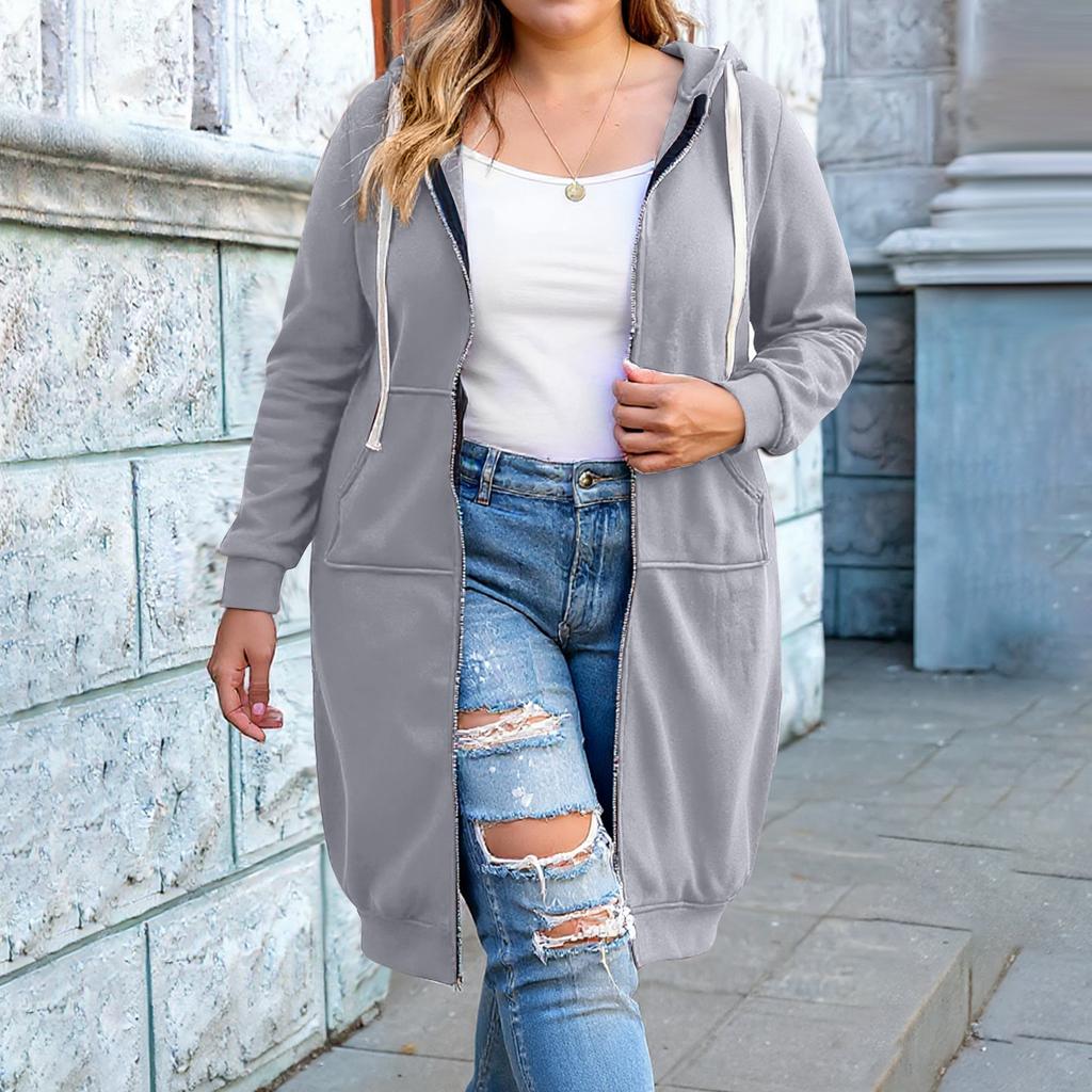 Women's Fashion Casual Plus Size Hooded  Long-Sleeve Solid Jacket