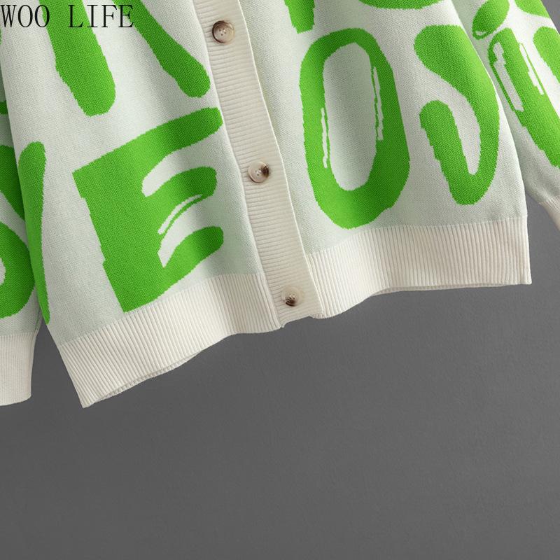 Women Letter Print Cardigan Knit Button Down Long Sleeve Open Front Sweater New Fall Winter Fashion