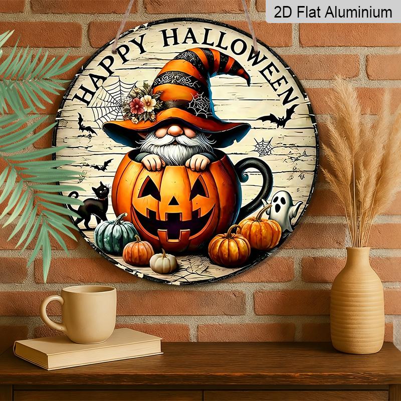 2D Flat, 1pc Joyful Halloween Aluminum Round Sign, Gnome Pumpkin Cup Happy Halloween Print, Rustic Style Metal Door Wall Hanging, No Electricity