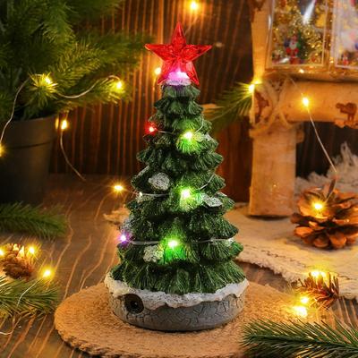 Light Up Musical Mini Christmas Tree Figurine Resin Collection Statue Gift Xmas Ornament for Adults