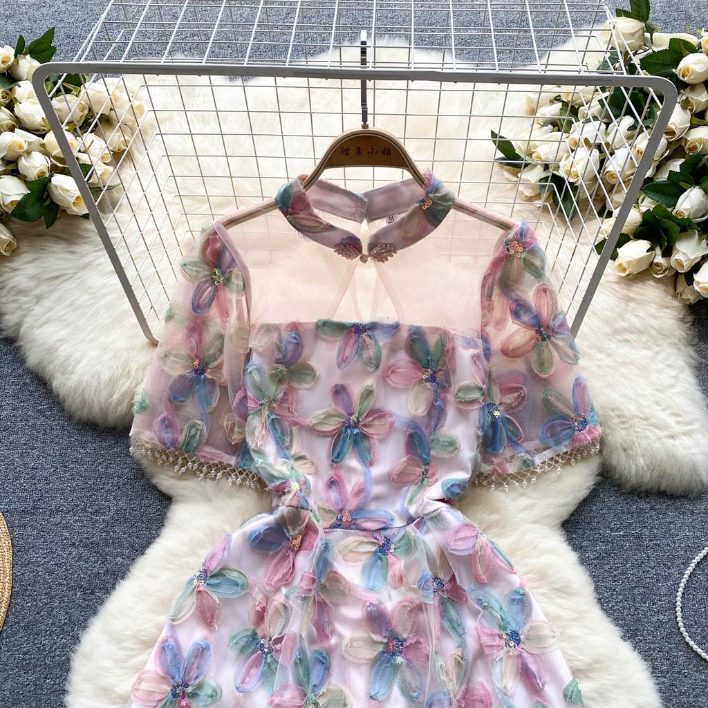 Fransk openwork gasbind søm paljetter broderi blomster A-linje kjole kvinner mote o-hals kortermet festkjoler