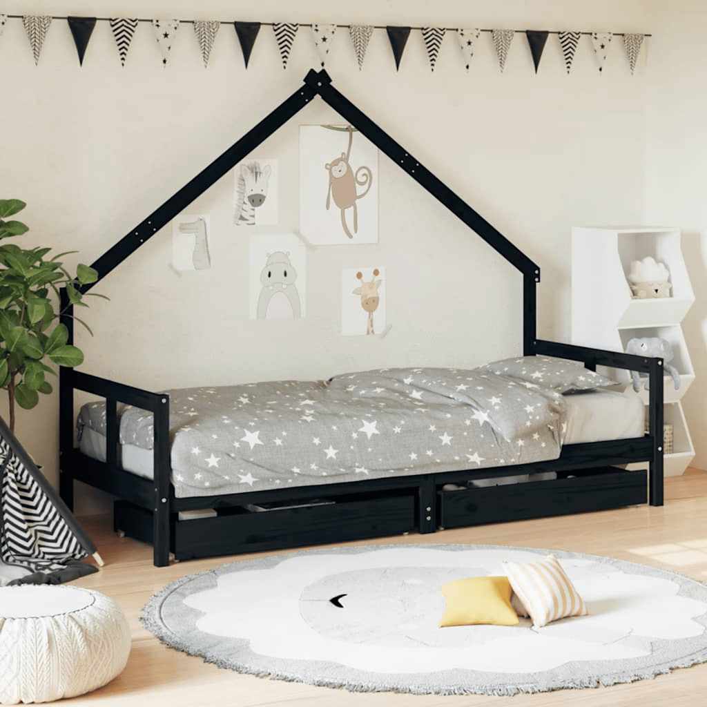 Kids Bed with Drawers Black 80x200 cm Solid Pine Wood