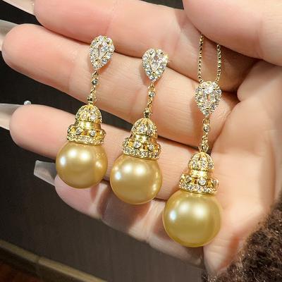 Jewelry Copper Bottom Gold-Plated Inlaid Gold Pearl Temperament Fringed Set Women 16-14Mm