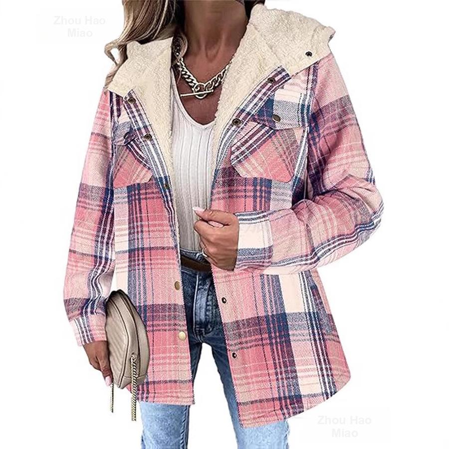 Fall Winter Women's Plaid Casual Versatile Jacket Long Sleeve Hooded Coat with Pockets