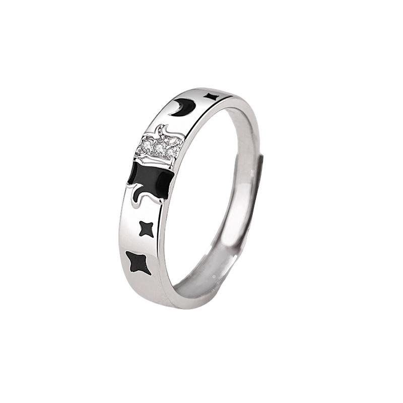 Tichya S925 Sterling Silver Cat Couple Rings: Star Moon Enamel Luminous Open Design Open Adjustable