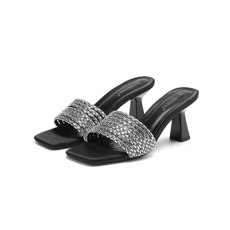 333-5 One-word High-heeled Slippers Women's 2025 Summer New Square Head Wine Glass and High-heeled Shoes Rhinestone Cold Slippers Women