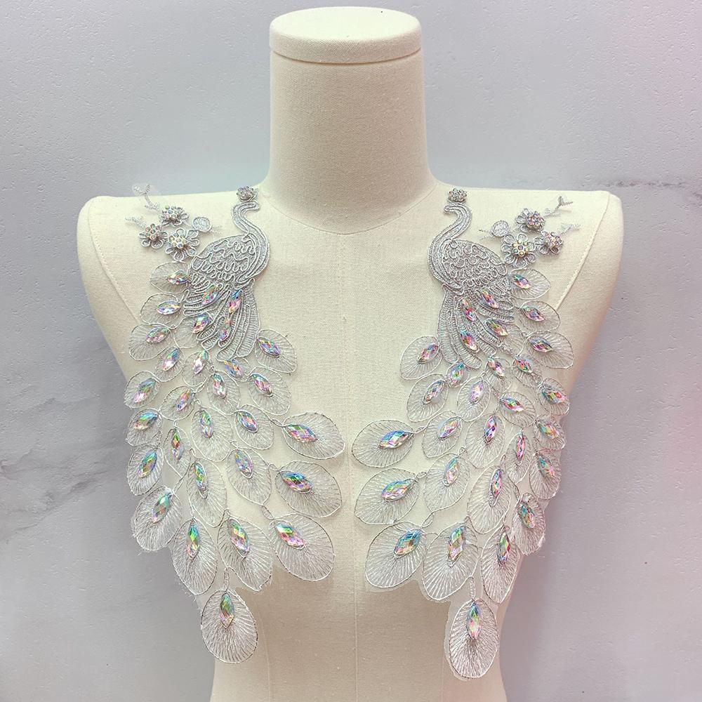1Pair Black White Embroidered Peacock Rhinestone Decoration DIY Clothing Sewn Lace Applique