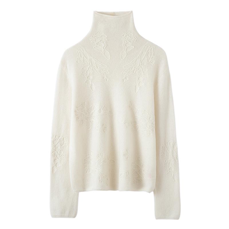 Lekasha 100% Pure Cashmere Rolled Edge High Neck Embossed Knit Top