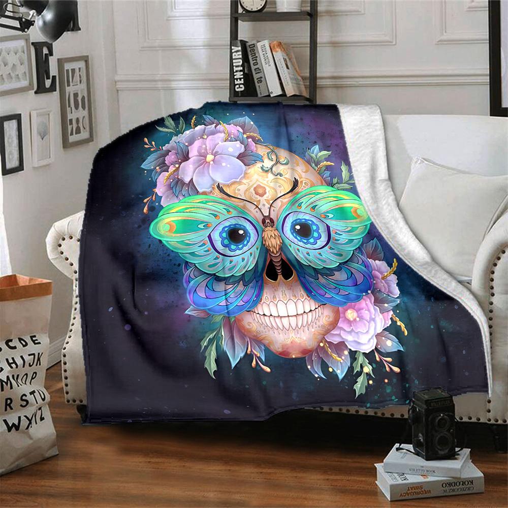 1pc Skull Butterfly Lightweight Flannel Blanket, Comfortable and Warm Blanket, for Office and Camping Sofa Bed, Livingroom091