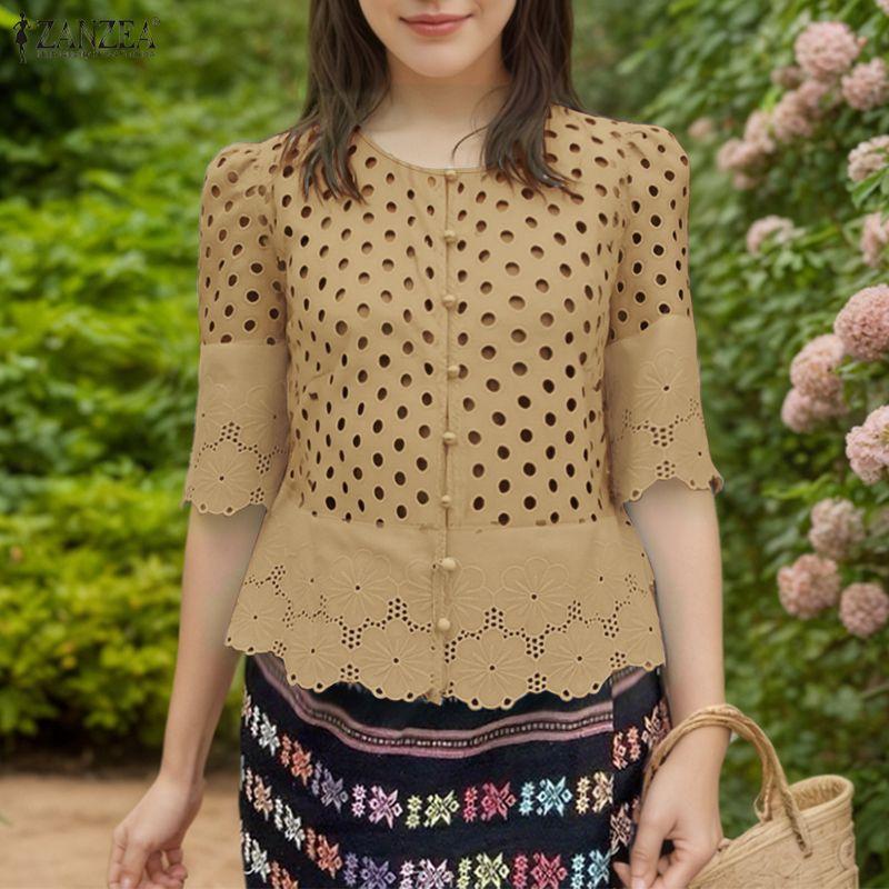 

ZANZEA Женская повседневная блузка с круглым вырезом, рукавом до локтя, свободного кроя, в стиле пэчворк 5XL хаки