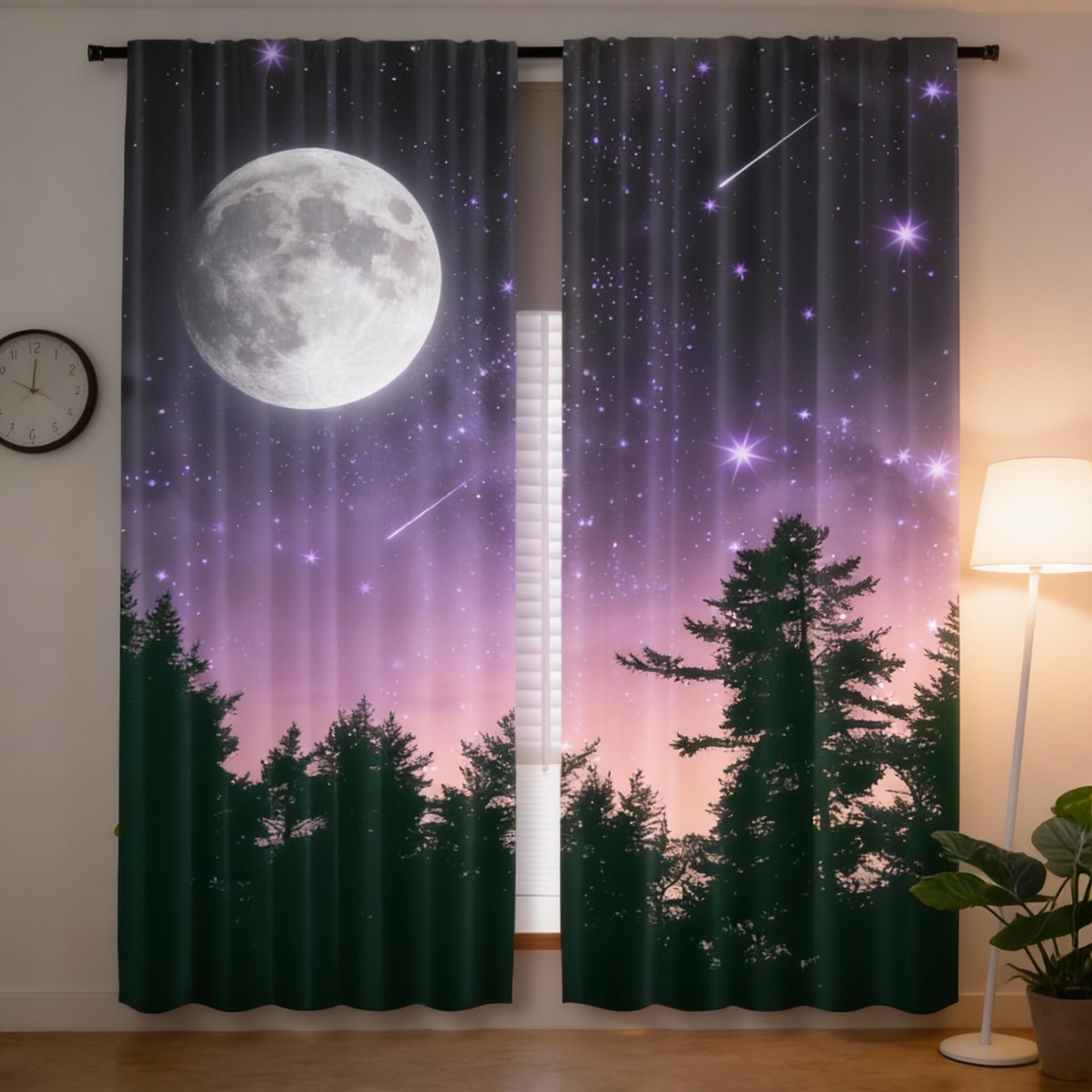 2pcs Forest Starry Sky Moon Night Curtains - Black Rod Pocket Window with Crescent Moon & Starry Sky Design, Perfect for Bedroom 60×150