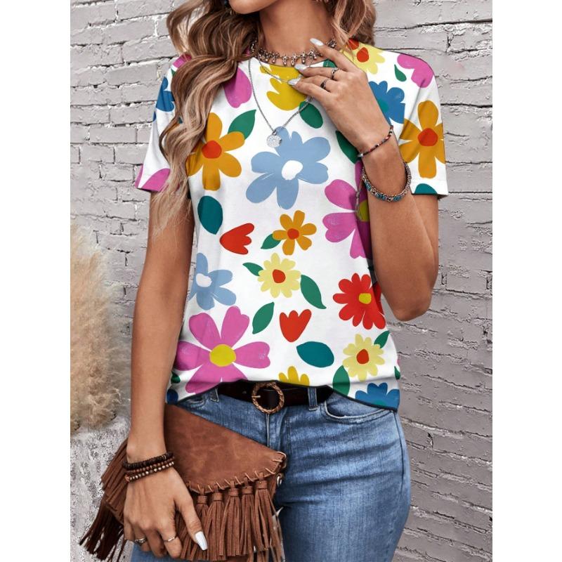 Summer Round Neck Flower Pattern 3D Print Top Fashionable Casual Short Sleeved Women's T-shirts