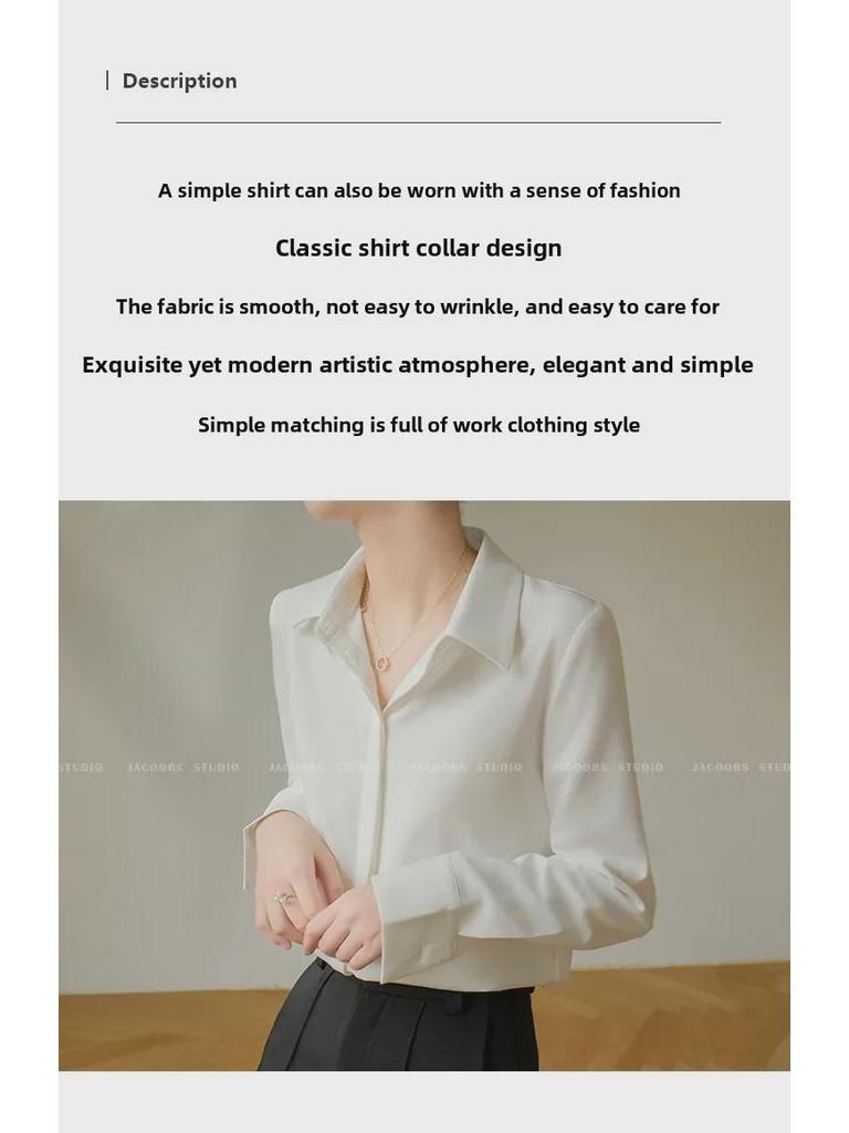 Gray-Blue Satin Women's Long-Sleeve Shirt - Retro Hong Kong Style, Three-Color Spot, Versatile Spring Fashion with Dark Placket and Elegant Drape.