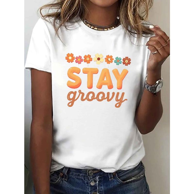 

Womens Stay Groovy Print Short Sleeve Crew Neck Summer Casual Tee S белый