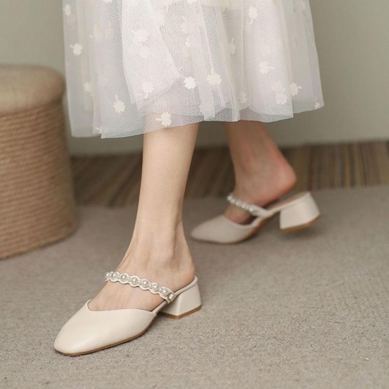 WTEMPO Summer Wrapped Toe Sandals Women's Square Toe Middle Thick Heel Pearl Soft Leather Soft Sole Slippers Fairy Style Comfortable Wear-resistant