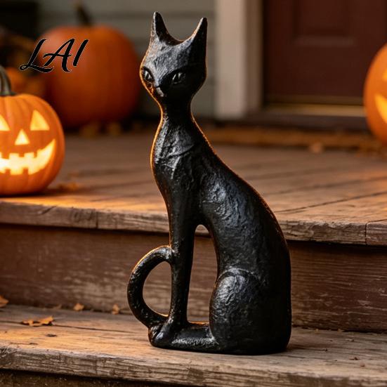 Black Cat Statue Abstract Witch Figurine Resin Statue Gothic Heavy Duty Crafts Ornament Halloween Tabletop Decor for Home Mantel Office Desk Retro