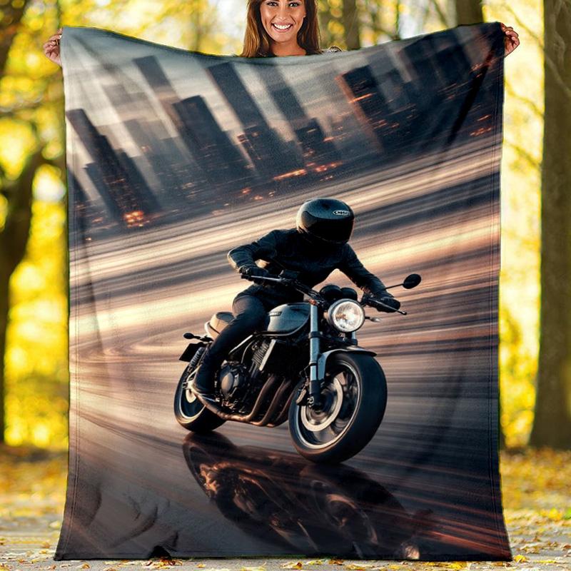 Vintage Motorcycle Sunset Fleece Printed Flannel Blanket, Warm Soft Throw Sofa Bed Blanket