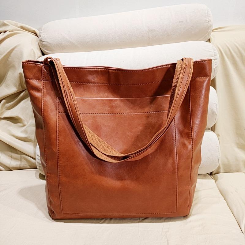 With pocket women s soft leather portable shoulder retro oil wax leather large capacity fashion new tote bag for