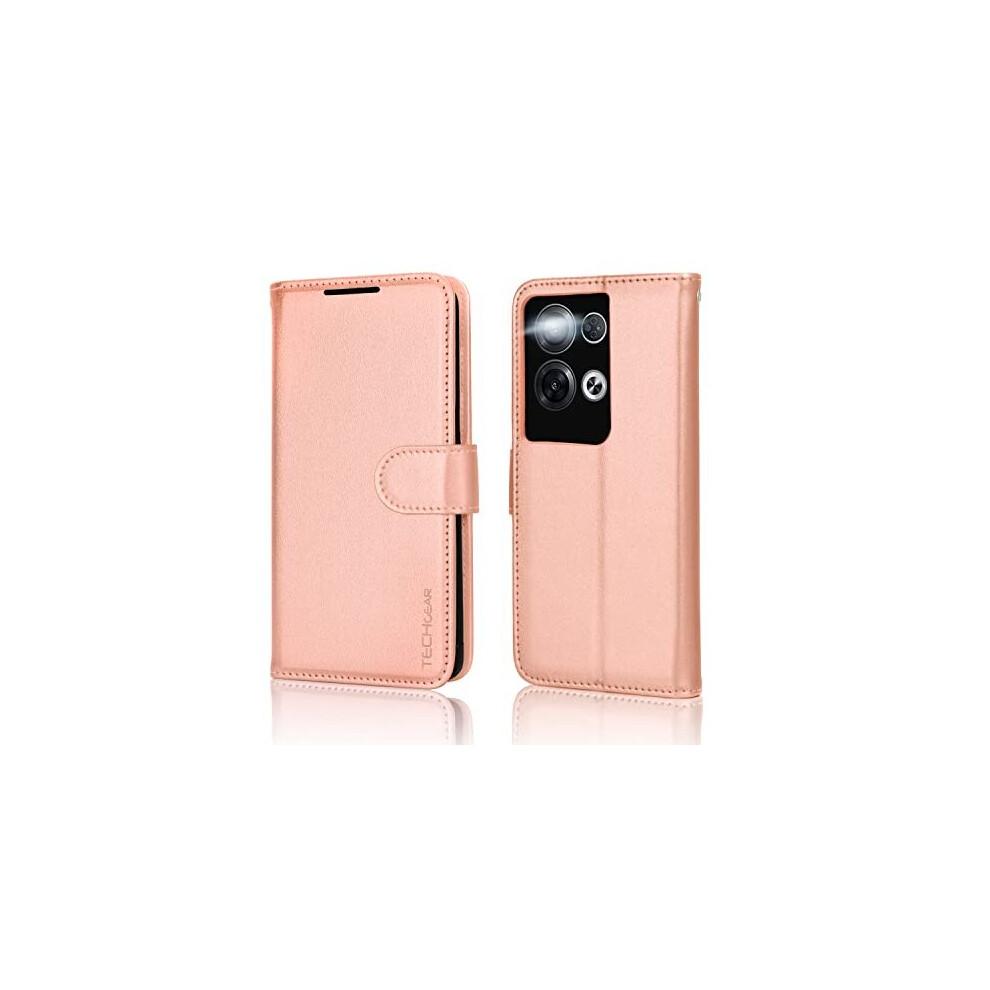 (Rose Gold) PU Leather Wallet Case for Oppo Reno 8 Pro 5G, Flip Protective Case Cover with Wallet Card Holder, Stand & Wrist Strap, Magnetic Closure