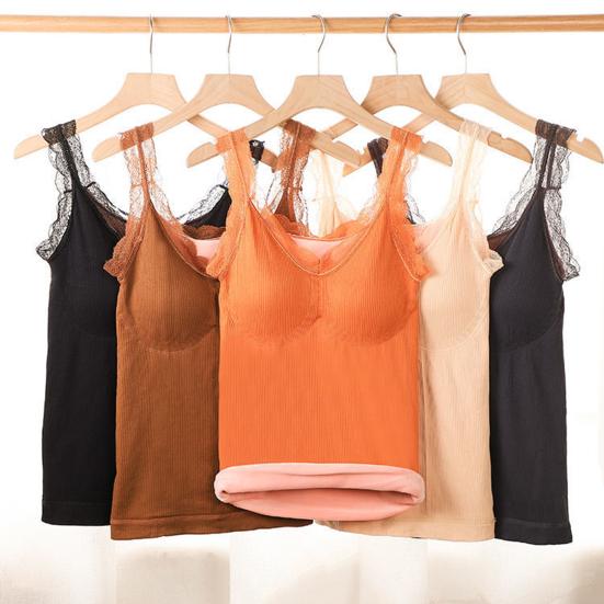 Women's Thermal Tank Top Lace Trim Sleeveless Camisole Shirts Fleece Lined V Neck Warm Base Layer Cami Underwear Tops with Built-in Bra