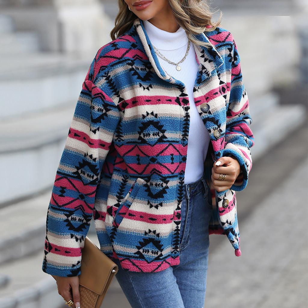Womens Aztec Shacket Jacket Geometric Patterns Long Sleeve Button Down Fleece Short Coat for Home