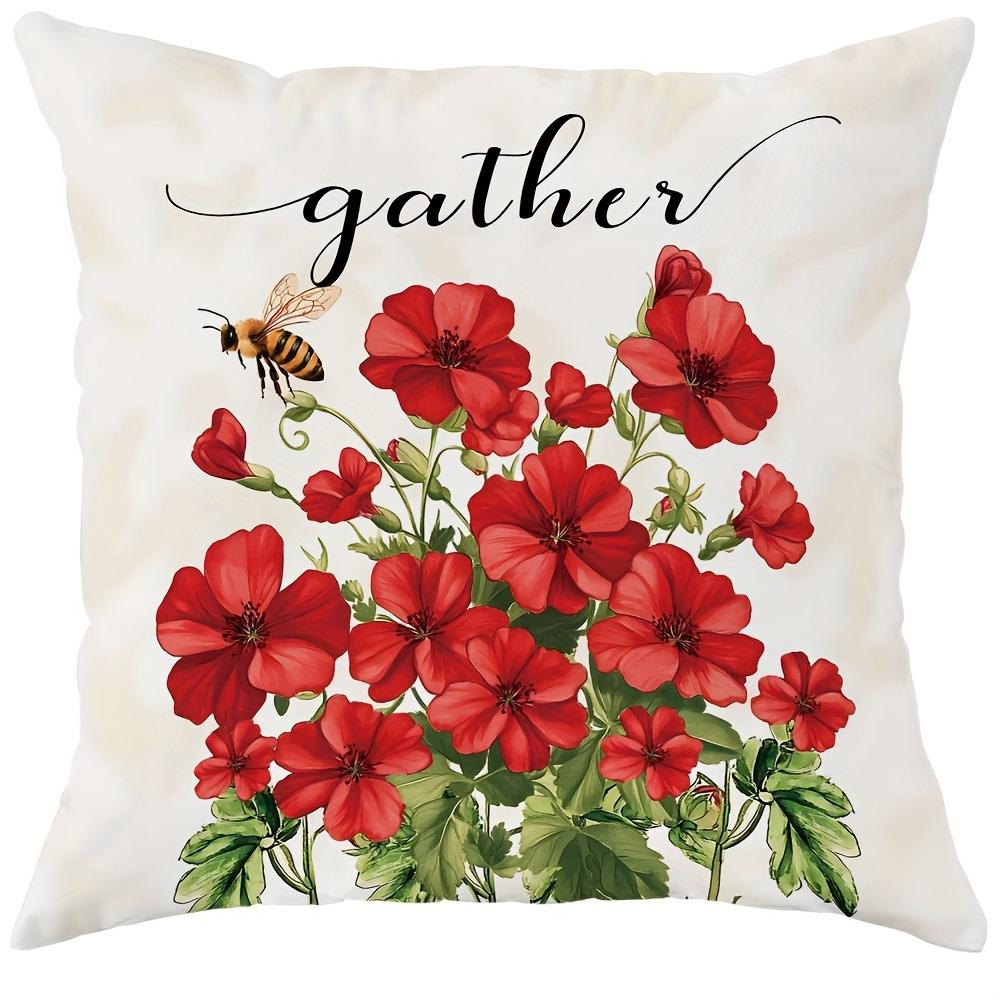 

Home decoration elegant red flower and bee pattern pillow cover, living room sofa cushion cover, bedroom room decoration 16x16Inch