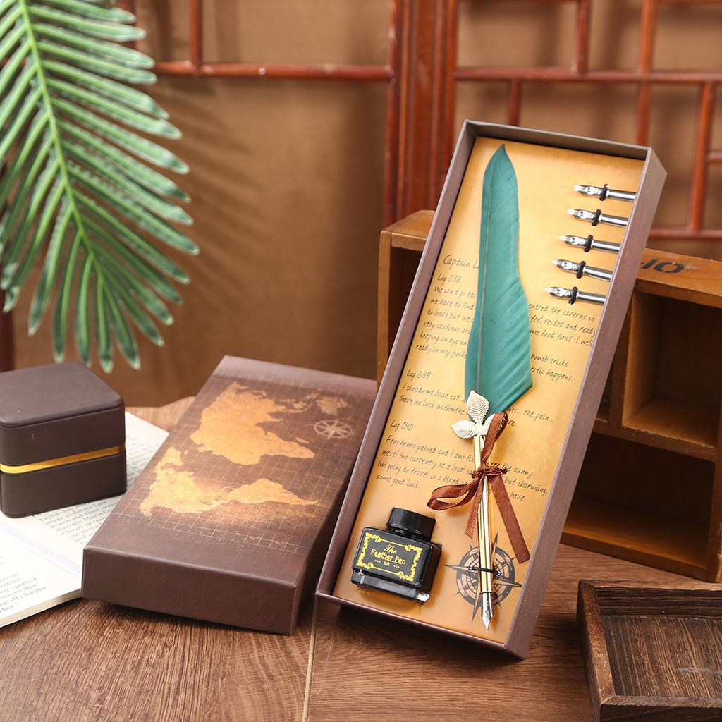 Retro Feather Dipped Pen Set, Solid Color Quill Pen Can Replace Nib Creative Holiday Gift