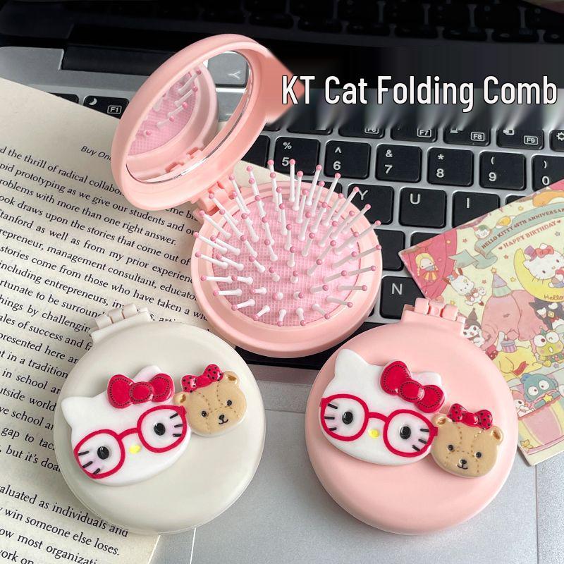 Cartoon KT Cat Folding Comb and Mirror - Portable Mini Air Cushion Massage Comb for Women's Hairstyling