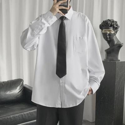Men's Harajuku Style Long-Sleeve White Shirt, Loose Fit, Solid Color, Spring Korean Trend.