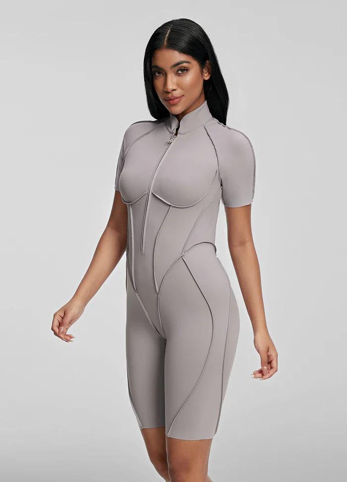 High-End Comfort Sports Yoga Tight-Fit Zipper Short Sleeve Jumpsuit