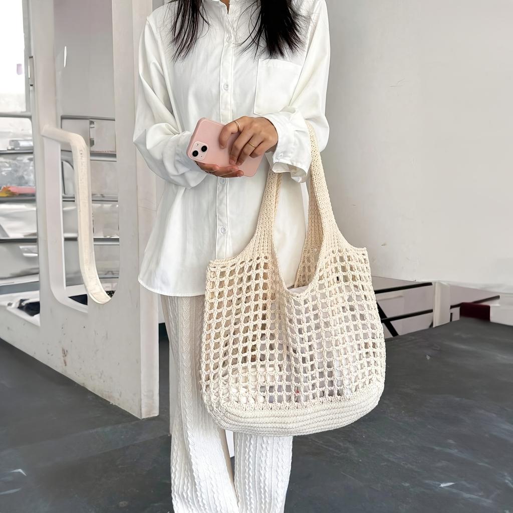 Lightweight Women's Minimalist Crochet Tote Bag Large Capacity Hollow Out Woven Design, Durable Fabric with Fixed Shoulder Strap