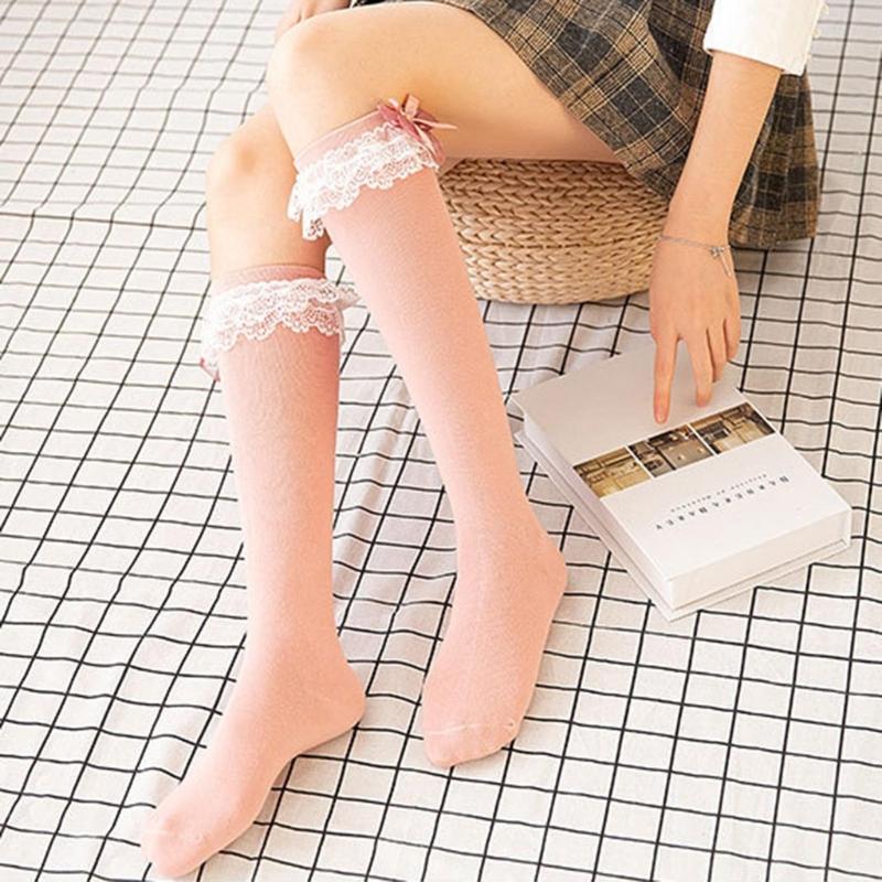Women Japanese Style JK Ruffle Lace Trim Calf Long Socks Sweet Bowknot Princess Cotton Knee High Socks Stockings Hosiery