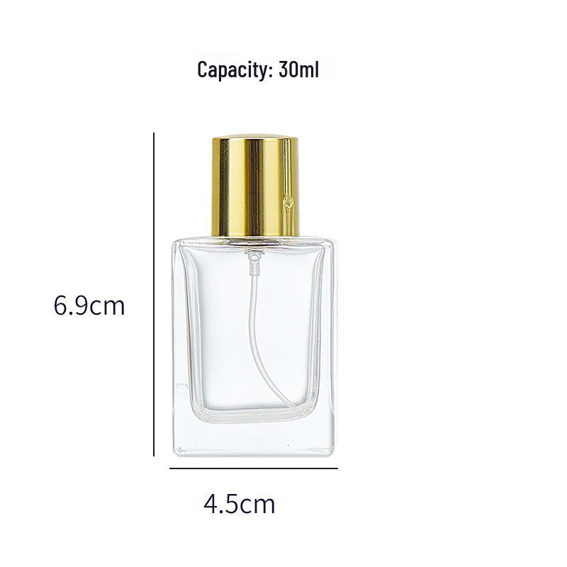 Threaded Flat Square Glass Perfume Bottle, 50ml Press Spray & 30ml Portable Refill, Transparent