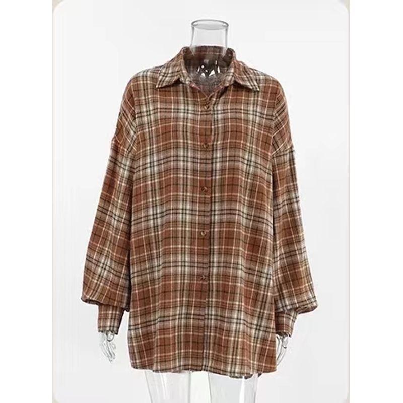 

Fashion New Arrival Fashion Plaid Lapel Loose Shirt Plaid Lapel Loose Fitting Shirt Plaid S