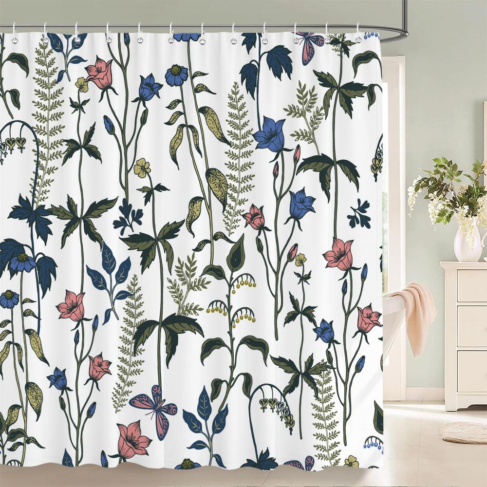 

1Pcs Watercolor Flower And Bird Leaves Printed Fabric Waterproof Shower Curtain, Home Decoration Bathroom Curtain, With Hooks W60H190(CM)-1 Pcs