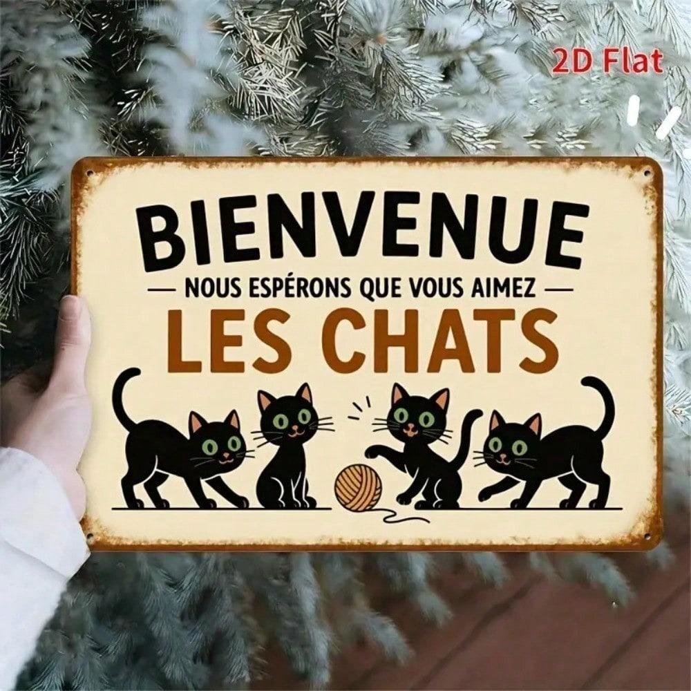Vintage French Cat BIENVENUE Metal Wall Art Decor for Living Room Kitchen