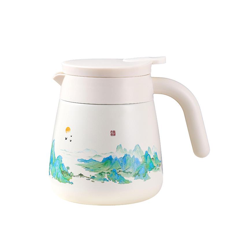 New Chinese Style 316 Stainless Steel Teapot: Landscape Design, Large Capacity Thermos Flask with Tea-Water Separation, Ideal for Home or Office.